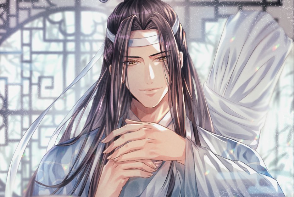 soubi1022, lan wangji, modao zushi, 1boy, bamboo, bishounen, black hair, blurry, blurry background, chinese clothes, closed mouth, guqin, hanfu, headband, indoors, instrument case, lattice, light particles, long hair, long sleeves, looking at viewer, male focus, own hands together, robe, round window, smile, solo, upper body, wangji guqin, white hanfu, white headband, wide sleeves, window, yellow eyes