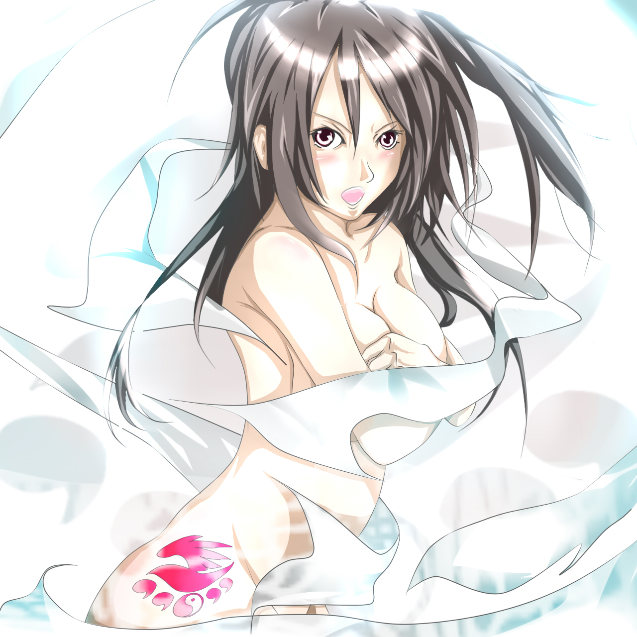 baba za neeshon (pixiv), bababa1107, uzume (sekirei), sekirei, breast hold, bad id, bad pixiv id, highres, 00s, 1girl, black hair, blush, breasts, brown hair, censored, cleavage, convenient censoring, female focus, large breasts, long hair, nude, open mouth, pink eyes, solo, tattoo