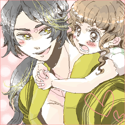 utai yumi, hana (kamen rider den-o), kamen rider den-o, kintaros, kintarosu, nogami ryoutarou, kamen rider, kamen rider den-o (series), lowres, 1girl, black hair, blush, brown eyes, brown hair, oekaki, piggyback, yellow eyes