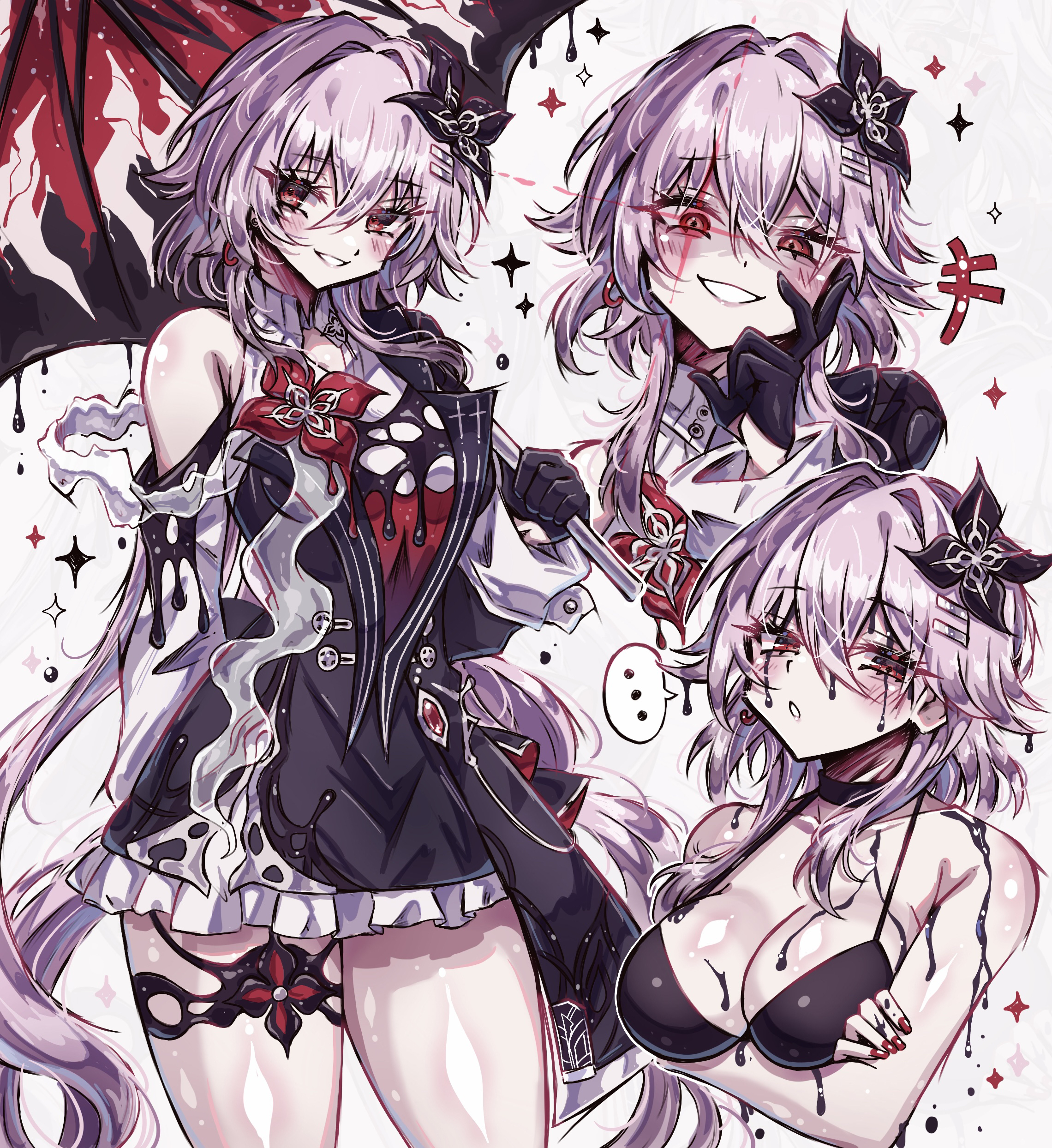 usa (usagi minku), evernight (honkai: star rail), march 7th (honkai: star rail), honkai: star rail, honkai (series), absurdres, commentary, highres, mixed-language commentary, paid reward available, 1girl, bikini, black bikini, black dress, black gloves, black liquid, breasts, cleavage, dress, flower, gloves, hair flower, hair ornament, large breasts, long hair, pink hair, simple background, smile, swimsuit, thighs, white background