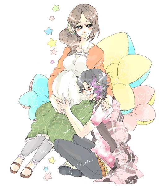 utai yumi, kamen rider den-o, nogami airi, nogami ryoutarou, ryutaros, ryutarosu, kamen rider, kamen rider den-o (series), plaid, 1boy, 1girl, black hair, blush, brown hair, happy, nogami ari, pillow, pregnant, smile