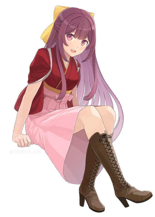 tomoyo kai, kamikaze (kancolle), kantai collection, 1girl, boots, bow, breasts, brown boots, hair bow, hakama, hakama skirt, high heel boots, high heels, japanese clothes, kimono, lace-up boots, long hair, looking at viewer, medium breasts, open mouth, pink hakama, purple eyes, purple hair, red kimono, sitting, skirt, smile, solo, very long hair, yellow bow