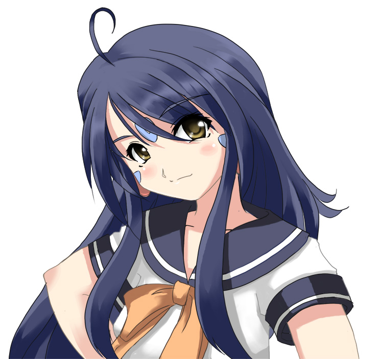 skuld (aa megami-sama), aa megami-sama, 1girl, ahoge, blush, facial mark, female focus, forehead mark, long hair, sailor, school uniform, serafuku, smile, solo