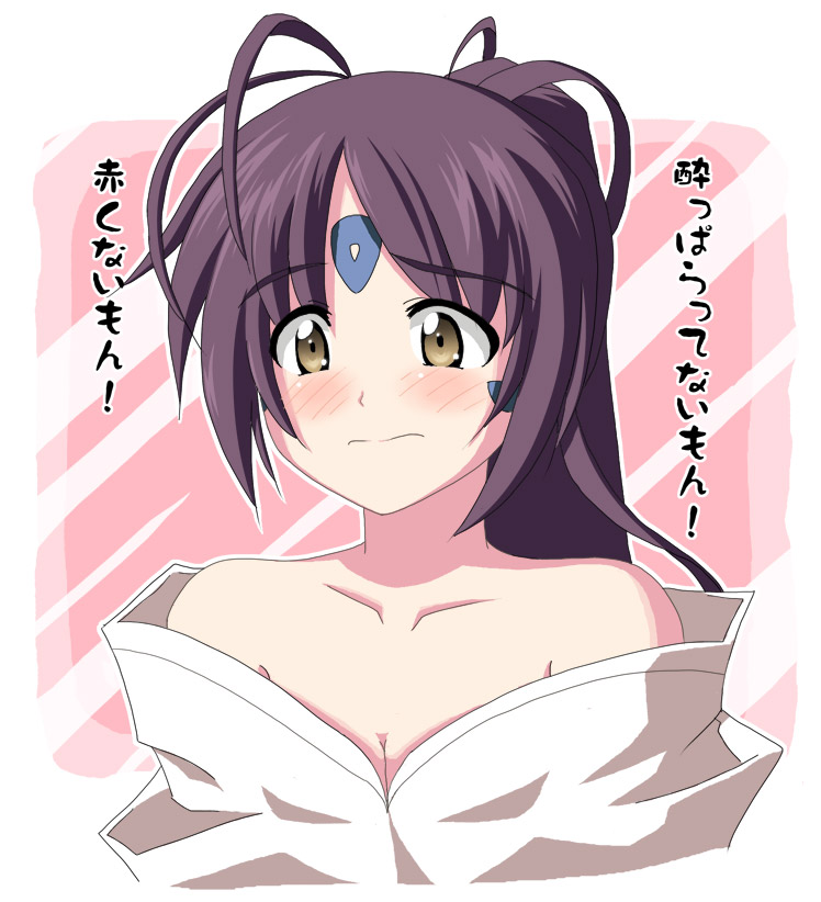 skuld (aa megami-sama), aa megami-sama, translated, bare shoulders, blush, brown eyes, embarrassed, facial mark, forehead mark, solo