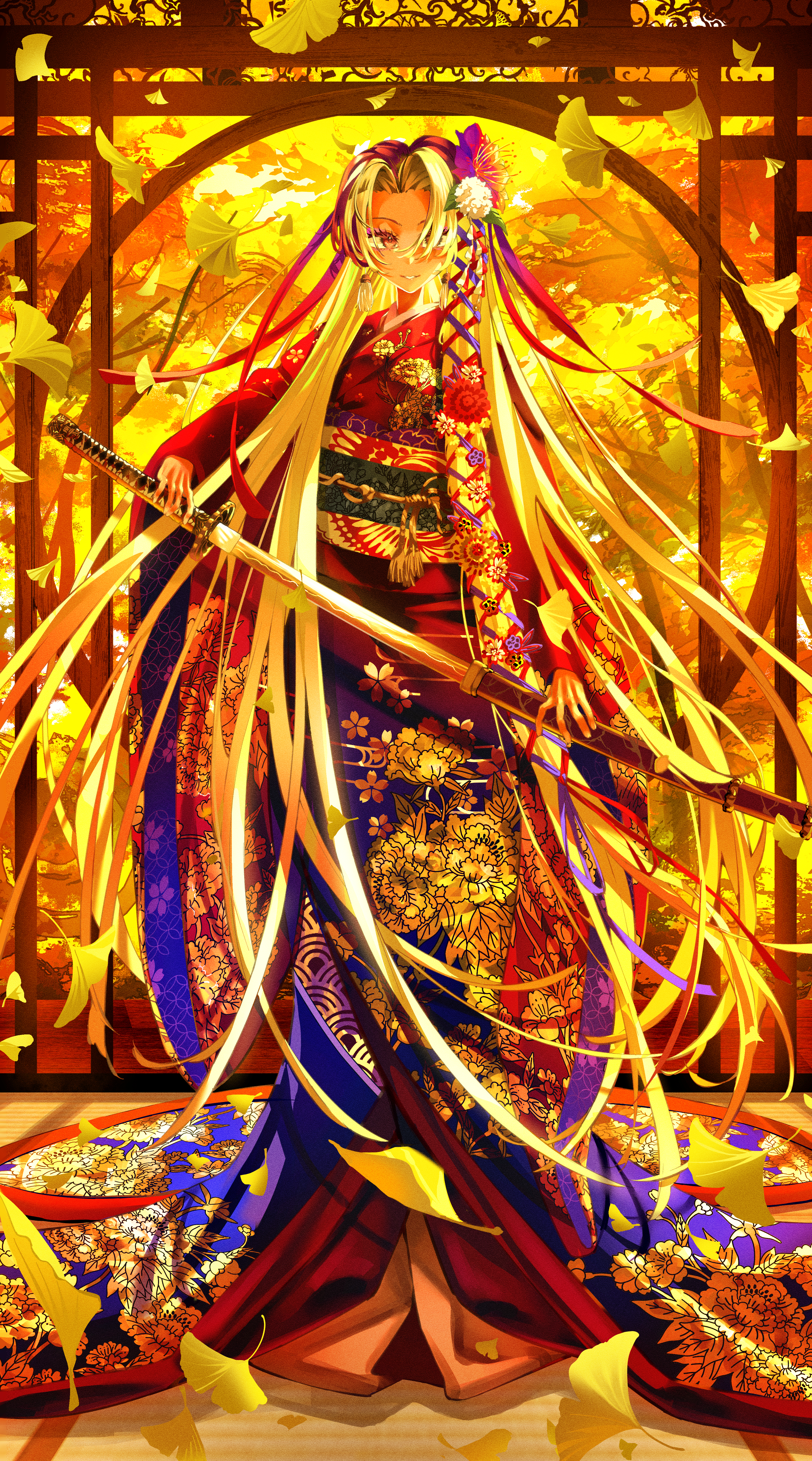 erimaki (erimaki2340061), original, absurdres, commentary, highres, 1girl, falling leaves, floral print, holding, holding sword, holding weapon, japanese clothes, leaf, long hair, multicolored hair, sheath, solo, sword, unsheathing, weapon