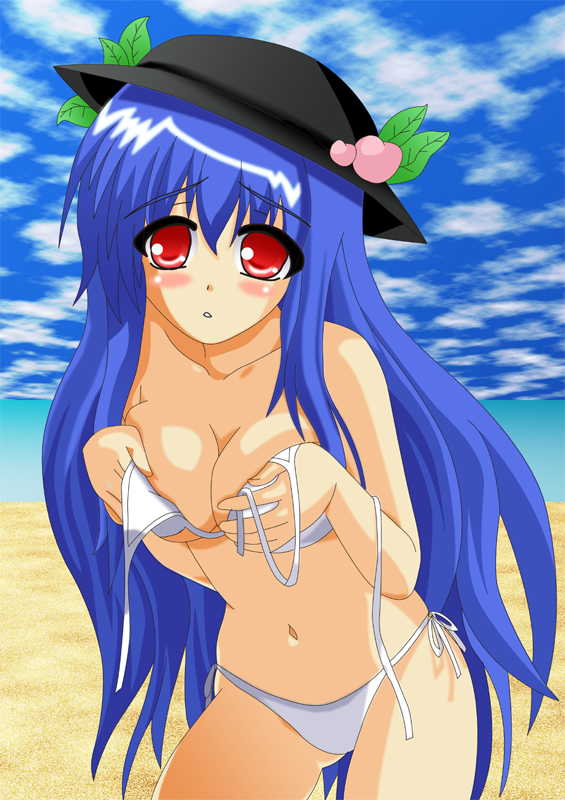 asu, hinanawi tenshi, touhou, 1girl, bikini, bikini top only, blue hair, cloud, day, female focus, food, fruit, hat, holding, holding swimsuit, holding unworn clothes, leaning forward, long hair, looking at viewer, navel, parted lips, peach, sky, solo, swimsuit, unworn swimsuit, white bikini
