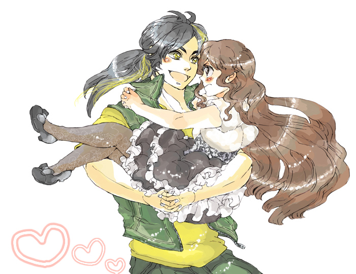 utai yumi, hana (kamen rider den-o), kamen rider den-o, kintaros, kintarosu, nogami ryoutarou, kamen rider, kamen rider den-o (series), 1boy, 1girl, black hair, blush, brown hair, couple, frills, hetero, holding, long hair, pantyhose, ponytail, skirt, vest, wavy hair, yellow eyes