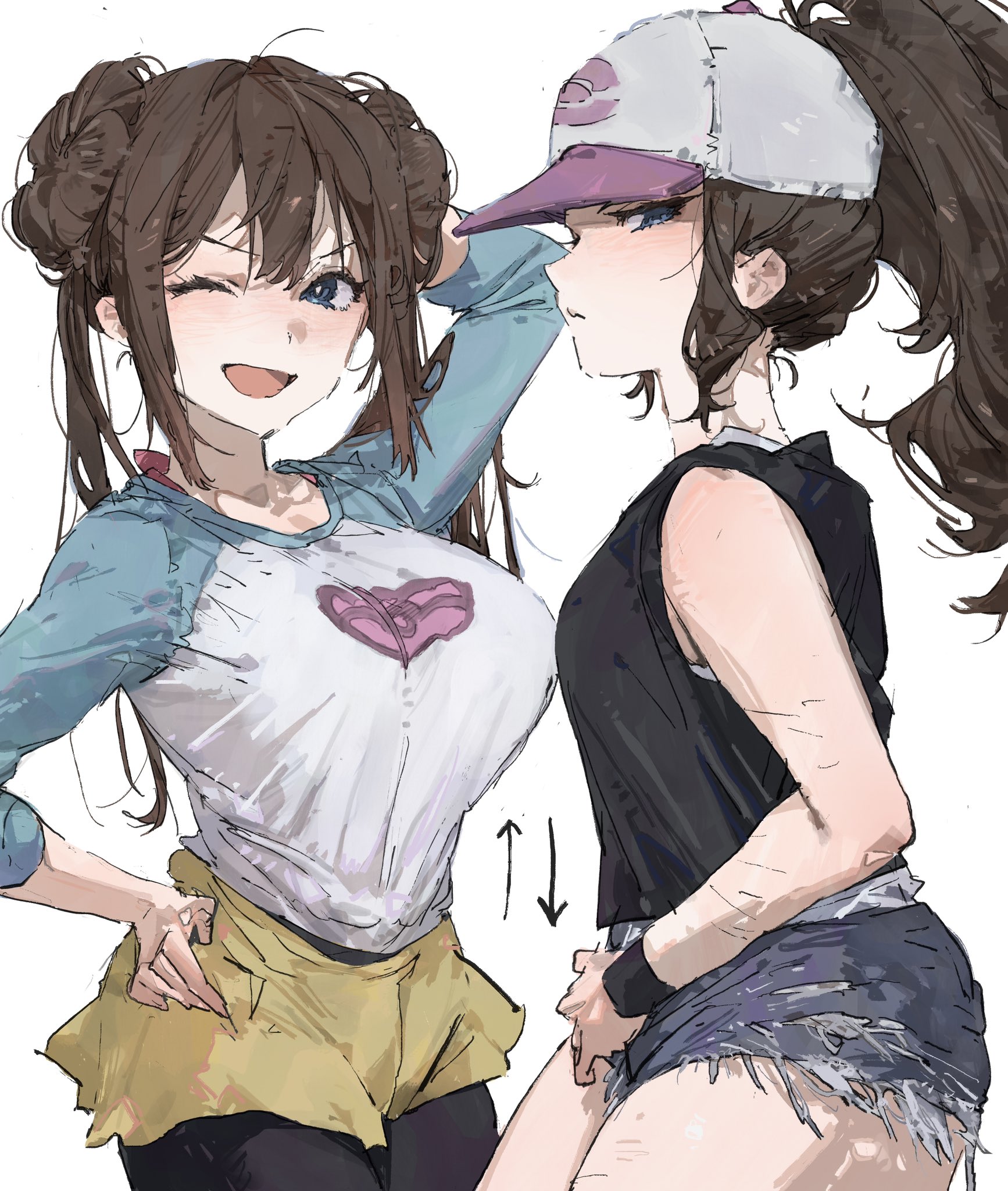 le (szs0k), hilda (pokemon), rosa (pokemon), nintendo, pokemon, pokemon bw, pokemon bw2, highres, 2girls, :d, arm behind head, bare shoulders, baseball, black pantyhose, black vest, blue eyes, breasts, brown hair, closed mouth, cowboy shot, denim, denim shorts, double bun, hair between eyes, hair bun, hand on own hip, large breasts, multiple girls, one eye closed, open mouth, pantyhose, ponytail, print shirt, raglan sleeves, shirt, short shorts, shorts, simple background, sleeveless, sleeveless shirt, small breasts, smile, three-quarter sleeves, torn clothes, torn shorts, vest, white background, white shirt, wristband, yellow shorts