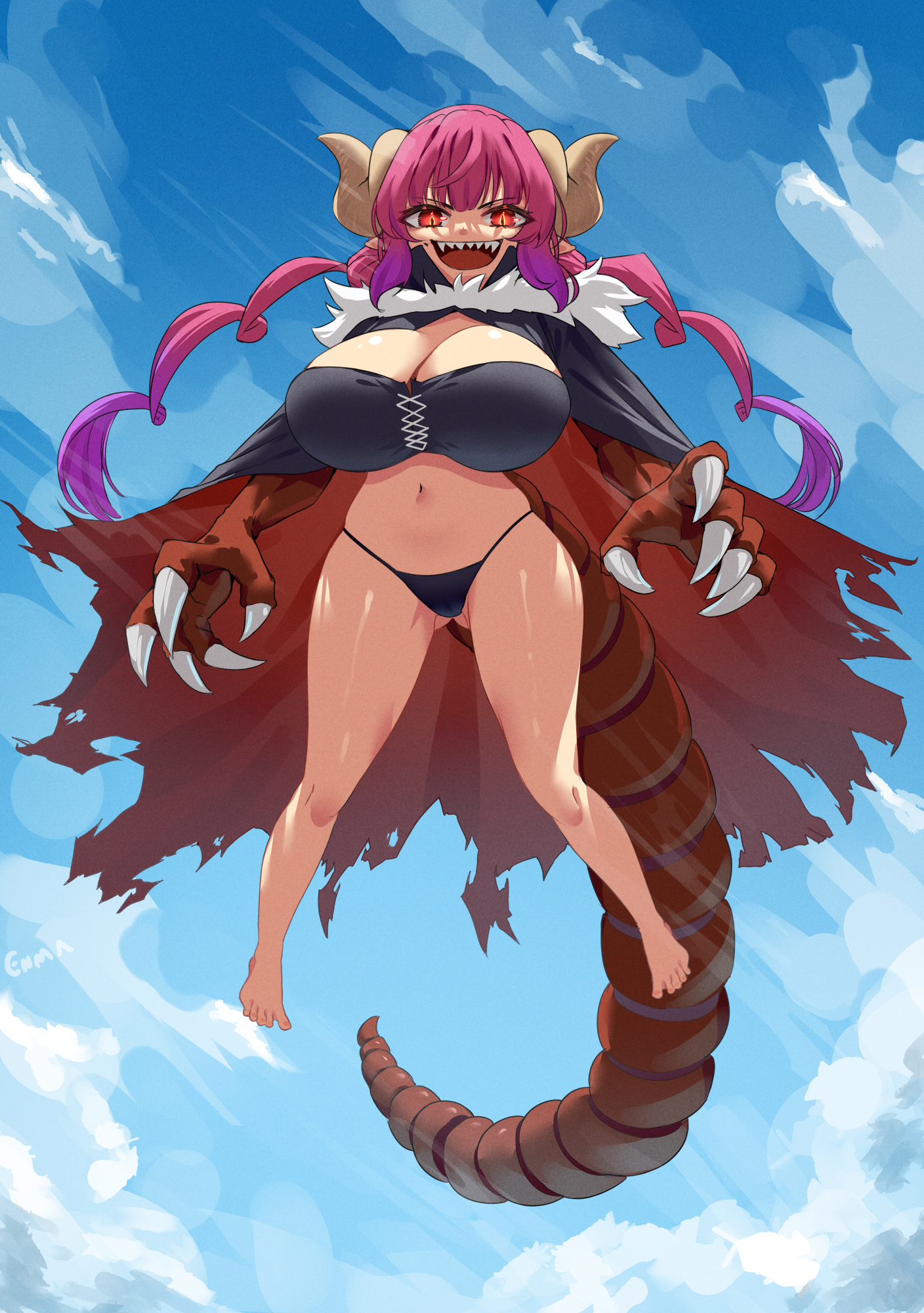 enma (enmanuelart), ilulu (maidragon), kobayashi-san chi no maidragon, commentary, english commentary, highres, variant set, 1girl, animal hands, artist name, barefoot, black cape, blue sky, breasts, cape, claws, cleavage, cloud, day, dragon claw, dragon girl, dragon horns, dragon tail, flying, full body, horns, huge breasts, looking at viewer, navel, open mouth, outdoors, red cape, red eyes, red hair, sharp teeth, shortstack, sky, slit pupils, smile, solo, strapless, tail, teeth, thong, tongue, torn cape, torn clothes, tube top, twintails, two-sided cape, two-sided fabric
