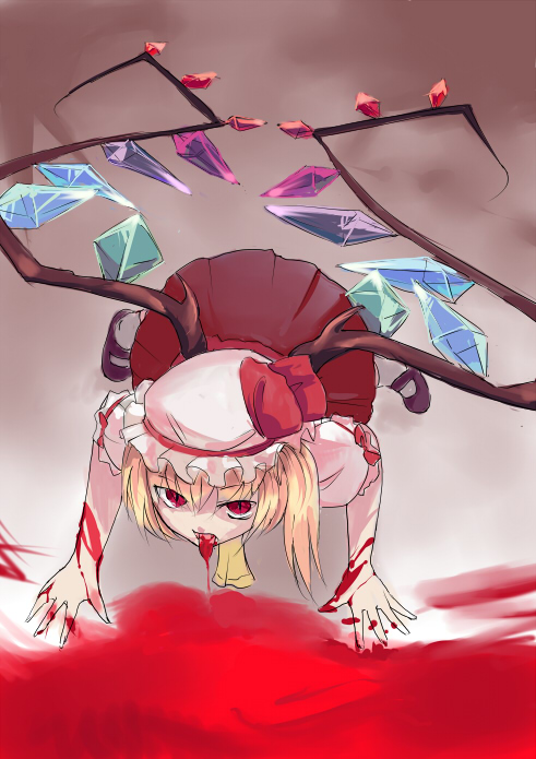 sinzan, flandre scarlet, touhou, 1girl, all fours, blonde hair, blood, blood on arm, blouse, female focus, full body, gradient background, hat, licking, mob cap, ponytail, ribbon, shirt, solo, white hat, white shirt, wings