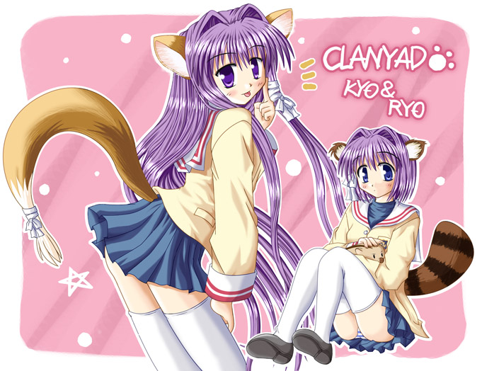 botan (clannad), fujibayashi kyou, fujibayashi ryou, clannad, 00s, 2girls, animal ears, blue eyes, cat ears, cat tail, long hair, looking back, multiple girls, panties, pantyshot, purple eyes, purple hair, raccoon ears, school uniform, serafuku, short hair, siblings, sisters, tail, thighhighs, thighs, twins, underwear