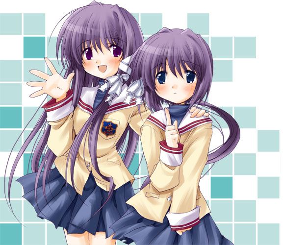 fujibayashi kyou, fujibayashi ryou, clannad, 00s, 2girls, blue eyes, long hair, looking at viewer, multiple girls, open mouth, purple eyes, purple hair, school uniform, serafuku, short hair, siblings, sisters, skirt, tongue, twins, waving