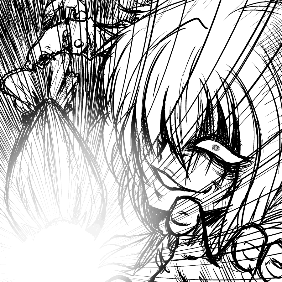 chiro (pixiv), chiro (suzuka98), kazami yuuka, touhou, 1girl, closed umbrella, emphasis lines, evil smile, female focus, greyscale, grin, master spark, monochrome, shaded face, short hair, smile, solo, umbrella, you gonna get raped