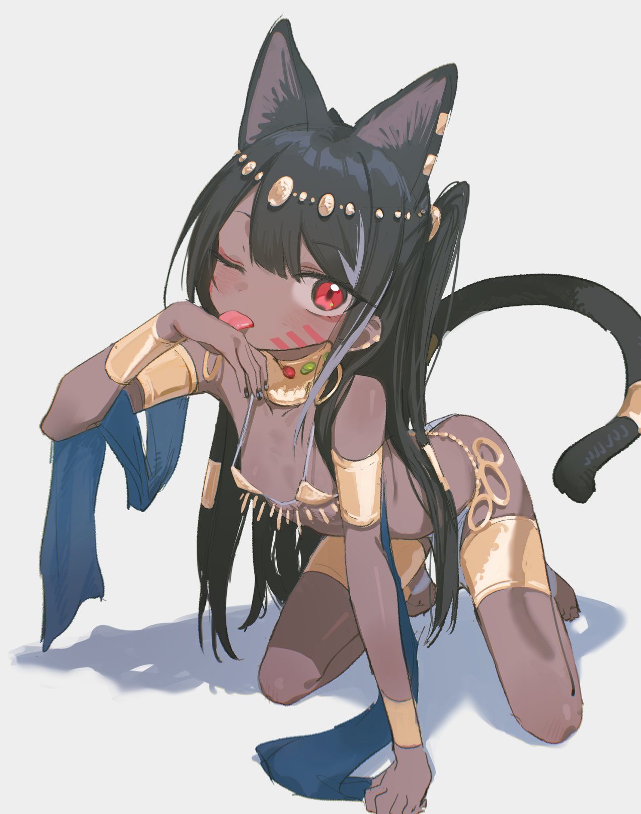 kurobeko (kur0bek0), original, gold armlet, gold collar, highres, 1girl, ancient egyptian, ancient egyptian clothes, animal ear fluff, animal ears, black hair, bracelet, cat ears, cat girl, cat tail, dark-skinned female, dark skin, gold, gold anklet, gold bracelet, gold thighlet, if you want to become a godly artist (trend), jewelry, long hair, open mouth, pelvic curtain, red eyes, simple background, sling bikini top, solo, tail, usekh collar, white loincloth, white pelvic curtain