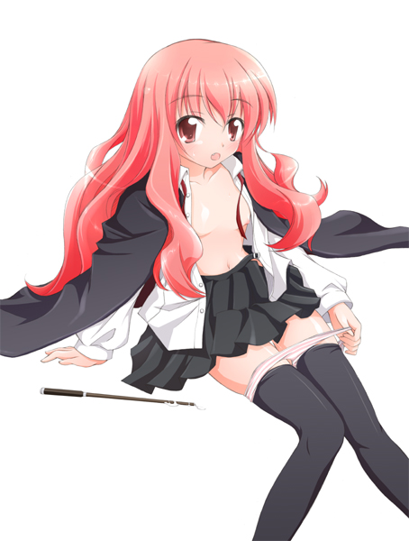 louise francoise le blanc de la valliere, zero no tsukaima, artist request, 00s, cape, flat chest, loli, nipples, open clothes, open shirt, panties, panty pull, pink eyes, pink hair, shirt, solo, thighhighs, underwear, wand