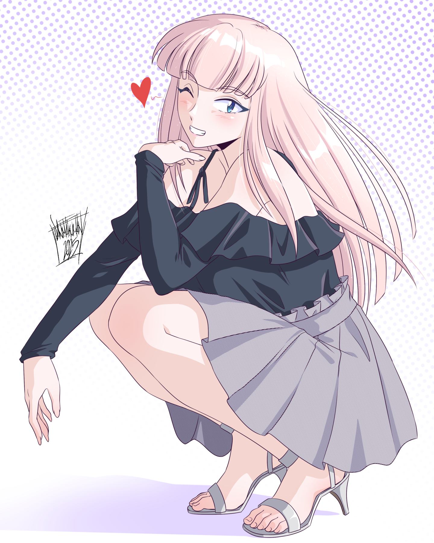 danmakuman, katou asuka, watashi ga motenai no wa dou kangaetemo omaera ga warui!, highres, 1girl, bare shoulders, blonde hair, blue eyes, blunt bangs, blush, breasts, full body, hair between eyes, high heels, long hair, looking at viewer, one eye closed, open mouth, skirt, smile, solo, squatting