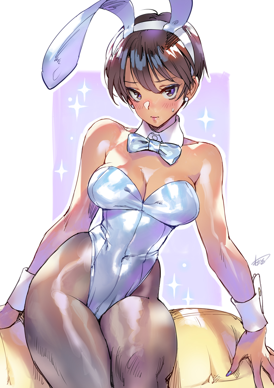 matsuda (matsukichi), original, highres, 1girl, animal ear hairband, animal ears, bare shoulders, black pantyhose, blush, bow, bowtie, breasts, brown eyes, cleavage, cowboy shot, dark-skinned female, dark skin, detached collar, fake animal ears, hairband, highleg, highleg leotard, large breasts, leotard, looking at viewer, medium breasts, pantyhose, playboy bunny, rabbit ears, short hair, sitting, solo, strapless, strapless leotard, white bow, white bowtie, white leotard, wrist cuffs