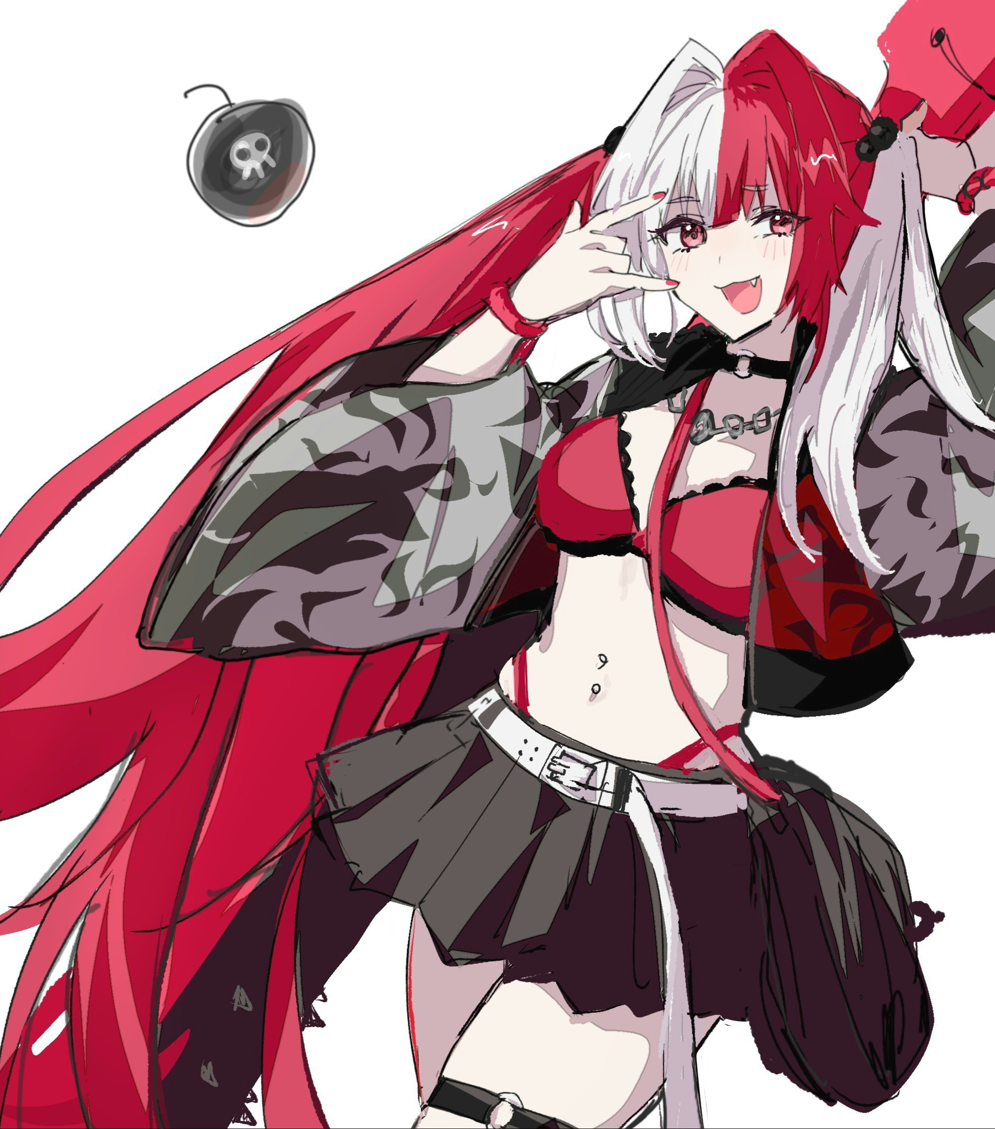 nekwnek, fate/grand order, fate (series), highres, 1girl, :d, belt, bra, breasts, choker, cropped jacket, full body, hair between eyes, jacket, long hair, looking at viewer, matsunaga hitsuhide (fate), medium breasts, multicolored hair, navel piercing, o-ring, o-ring thigh strap, open mouth, piercing, pink nails, red bra, red eyes, red hair, simple background, skirt, smile, solo, split-color hair, thigh strap, twintails, underwear, white background, white hair