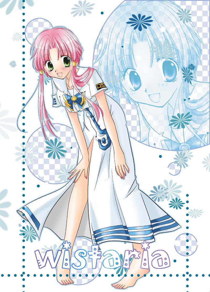 mizunashi akari, aria (manga), 00s, 1girl, ahoge, barefoot, blouse, blush, dress, female focus, full body, green eyes, looking at viewer, pink hair, shirt, short hair with long locks, short sleeves, simple background, solo, standing, white background, white dress, white shirt, zoom layer
