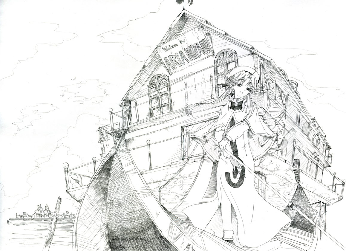mizunashi akari, aria (manga), graphite (medium), non-web source, traditional media, 00s, 1girl, beret, bow, building, capelet, female focus, fingerless gloves, gloves, gondola, greyscale, hat, high collar, light smile, long hair, long sleeves, monochrome, oar, short hair with long locks, side slit, sidelocks, single glove, sketch, solo, standing, typo