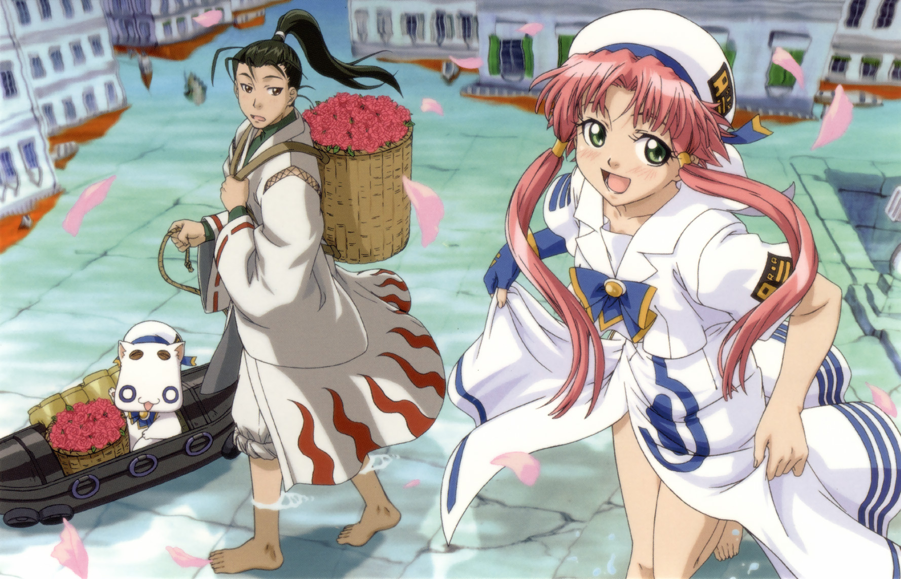 koga makoto, aria pokoteng, izumo akatsuki, mizunashi akari, aria (manga), highres, non-web source, official art, 00s, 1boy, 1girl, barefoot, blouse, feet, flower, pink hair, rose, shirt, short hair with long locks, twintails, white shirt