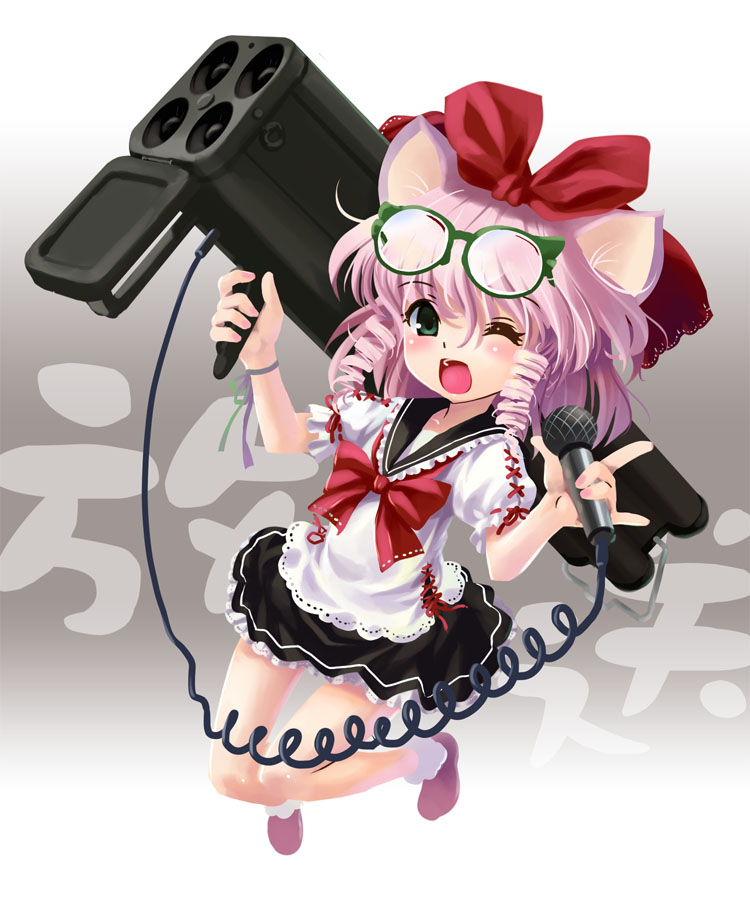 katahira masashi, original, ssolo, 1girl, animal ears, cat ears, full body, glasses, green eyes, m202 flash, microphone, multiple-barrel gun, multishot rocket launcher, one eye closed, pink hair, rocket launcher, weapon, wink