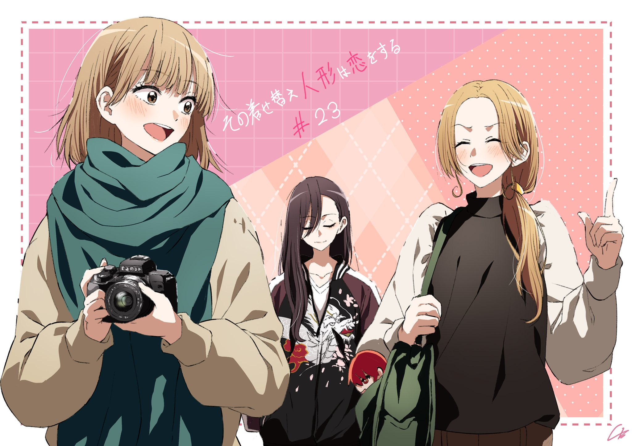 4b-enpitsu, sono bisque doll wa koi wo suru, character request, highres, 3girls, black hair, black shirt, blonde hair, blue scarf, blush, border, brown hair, camera, group picture, holding, holding camera, long hair, multiple girls, scarf, shirt, short hair, upper body, white border