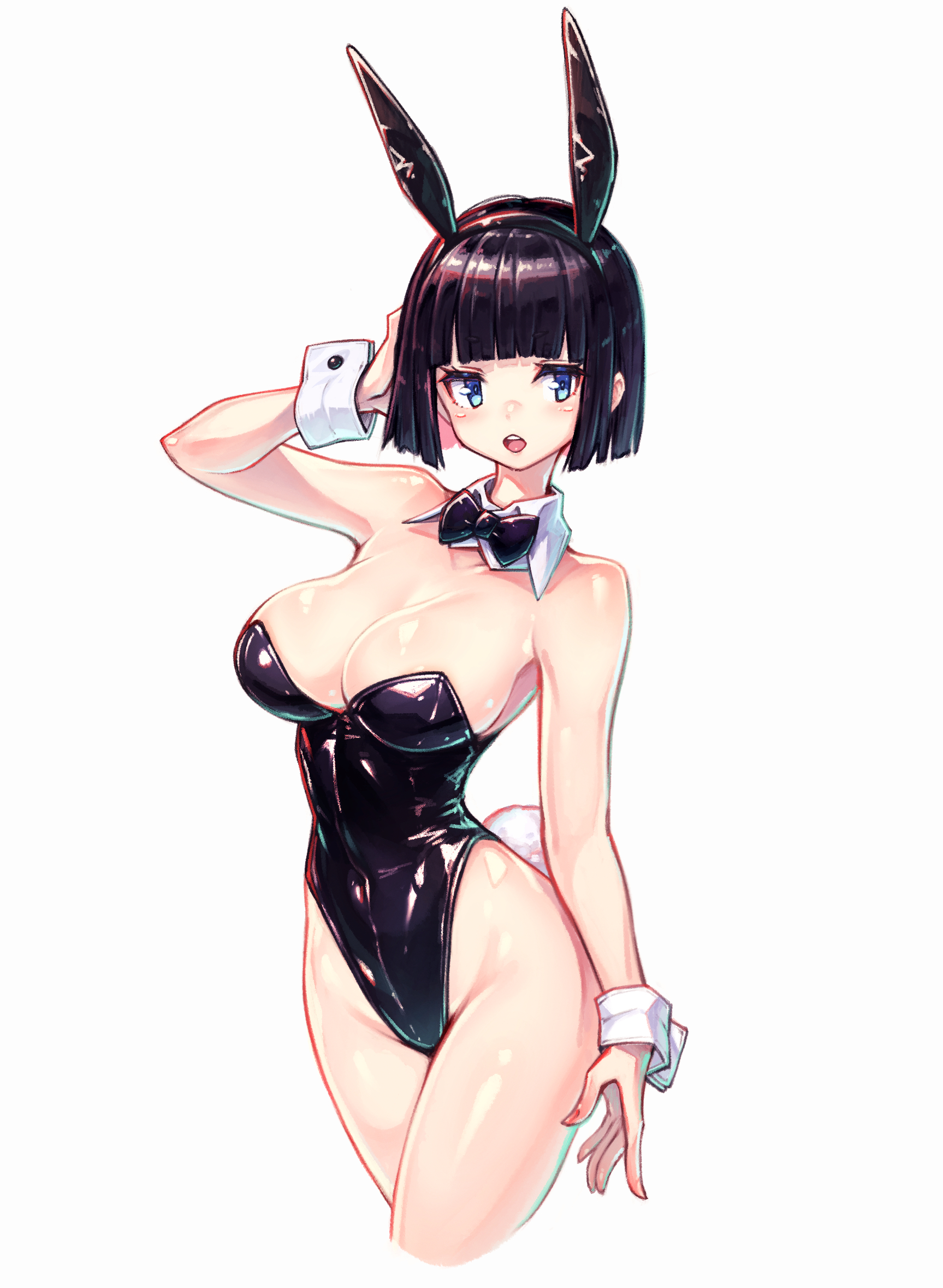gogatsu no renkyuu, original, highres, 1girl, animal ear hairband, animal ears, bare shoulders, barefoot, black bow, black bowtie, black hair, black leotard, bob cut, bow, bowtie, breasts, cleavage, cowboy shot, detached collar, fake animal ears, hairband, highleg, highleg leotard, large breasts, leotard, playboy bunny, purple eyes, rabbit ears, rabbit tail, short hair, simple background, solo, strapless, strapless leotard, tail, white background, wrist cuffs