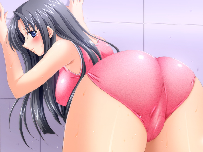 hikoukai, hongou marina, shiofuki mermaid, wall, game cg, non-web source, 1girl, against wall, ass, bent over, black hair, blue eyes, blush, breasts, covered erect nipples, female focus, large breasts, long hair, looking back, one-piece swimsuit, profile, solo, swimsuit, trefoil, wet