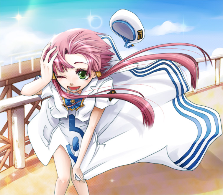 kagura (anomalo-anima), mizunashi akari, aria (manga), 00s, 1girl, blouse, dress, dress tug, female focus, green eyes, hat, pink hair, shirt, short hair with long locks, solo, twintails, unworn hat, unworn headwear, white shirt, wind, wind lift