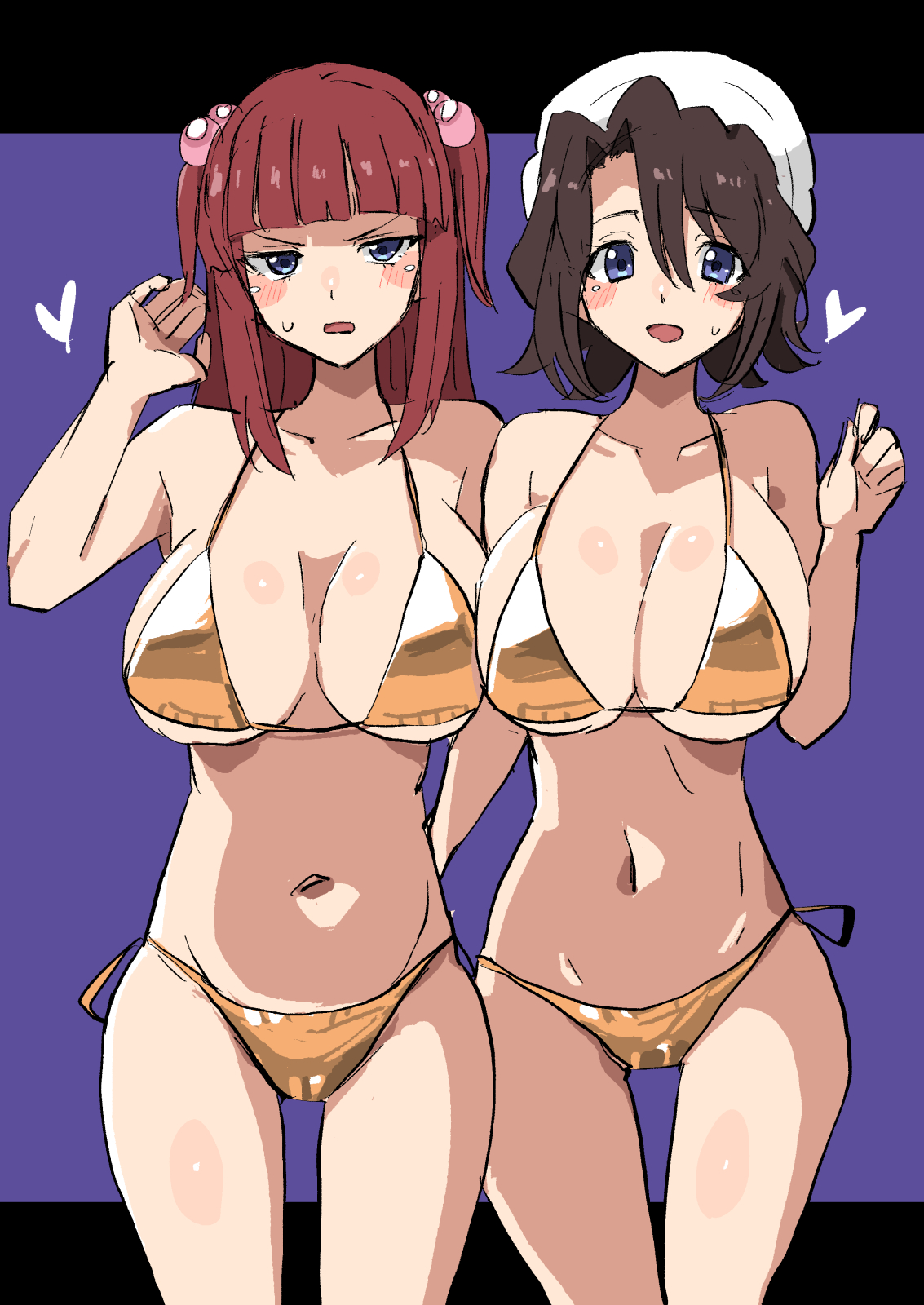long28, shannon (umineko), ushiromiya ange, umineko no naku koro ni, variant set, 2girls, bikini, black background, blue eyes, blush, breasts, brown hair, collarbone, cowboy shot, dot nose, female focus, gold bikini, hand up, large breasts, long hair, multiple girls, navel, open mouth, red hair, short hair, side-tie bikini bottom, simple background, standing, swimsuit, two-tone background, two side up