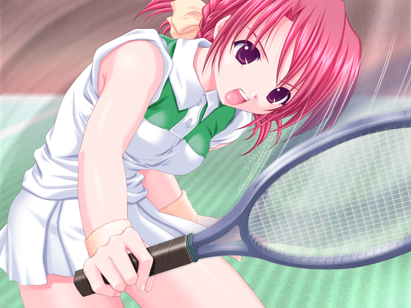 higuchi norie, kirimiya kozue, aozora enikki, game cg, non-web source, 1girl, braid, female focus, pink eyes, pink hair, racket, short hair, solo, sportswear, tennis, tennis racket, tennis uniform