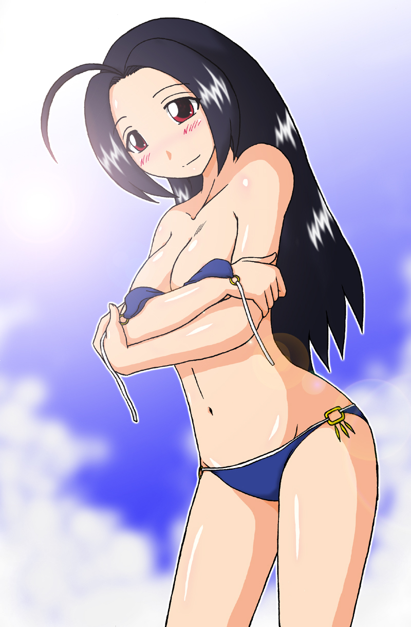 miura azusa, idolmaster, idolmaster (classic), idolmaster 1, highres, non-web source, 00s, 1girl, bikini, black hair, blue bikini, breasts, breasts squeezed together, day, female focus, long hair, medium breasts, red eyes, solo, swimsuit