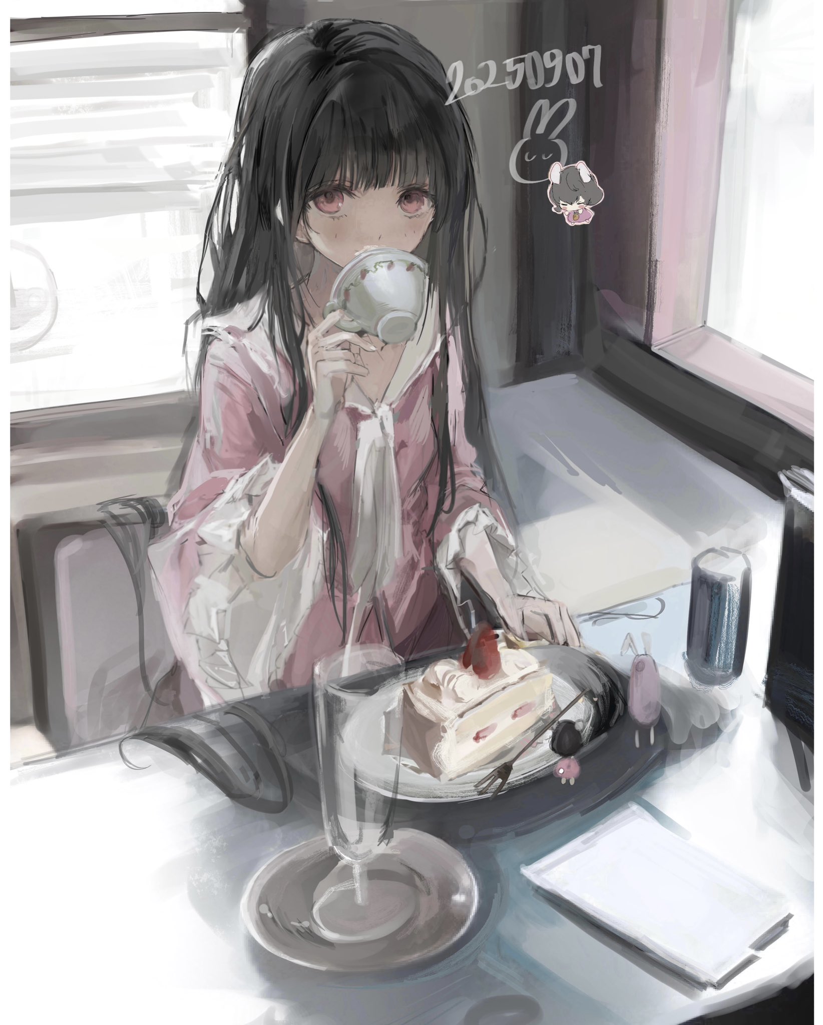 sesmkun, houraisan kaguya, inaba tewi, reisen udongein inaba, touhou, commentary request, highres, 3girls, black hair, cake, cake slice, chibi, cup, dated, drinking, drinking glass, food, fork, hime cut, holding, holding cup, indoors, long hair, long sleeves, looking at viewer, mini person, multiple girls, pink eyes, pink shirt, plate, shirt, sitting, teacup, very long hair, window