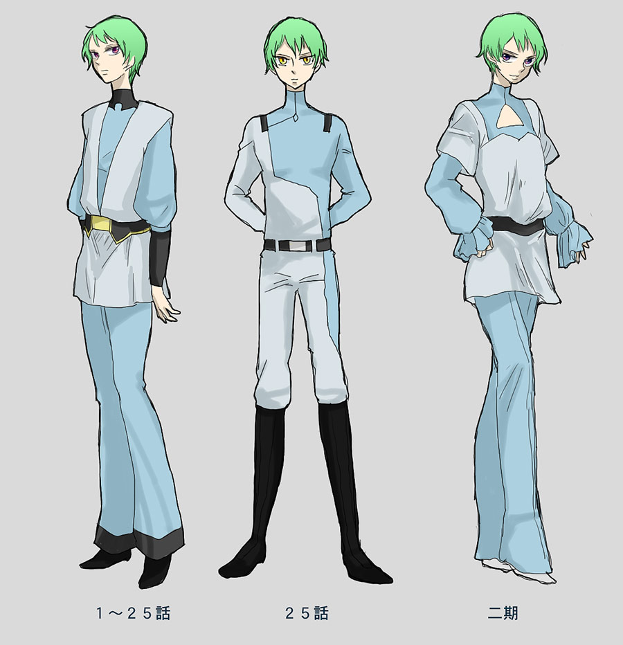 ribbons almark, gundam, gundam 00, uniform, bad id, bad pixiv id, 00s, 1boy, belt, boots, green hair, male focus, pink eyes, purple eyes, short hair, simple background, solo, yellow eyes