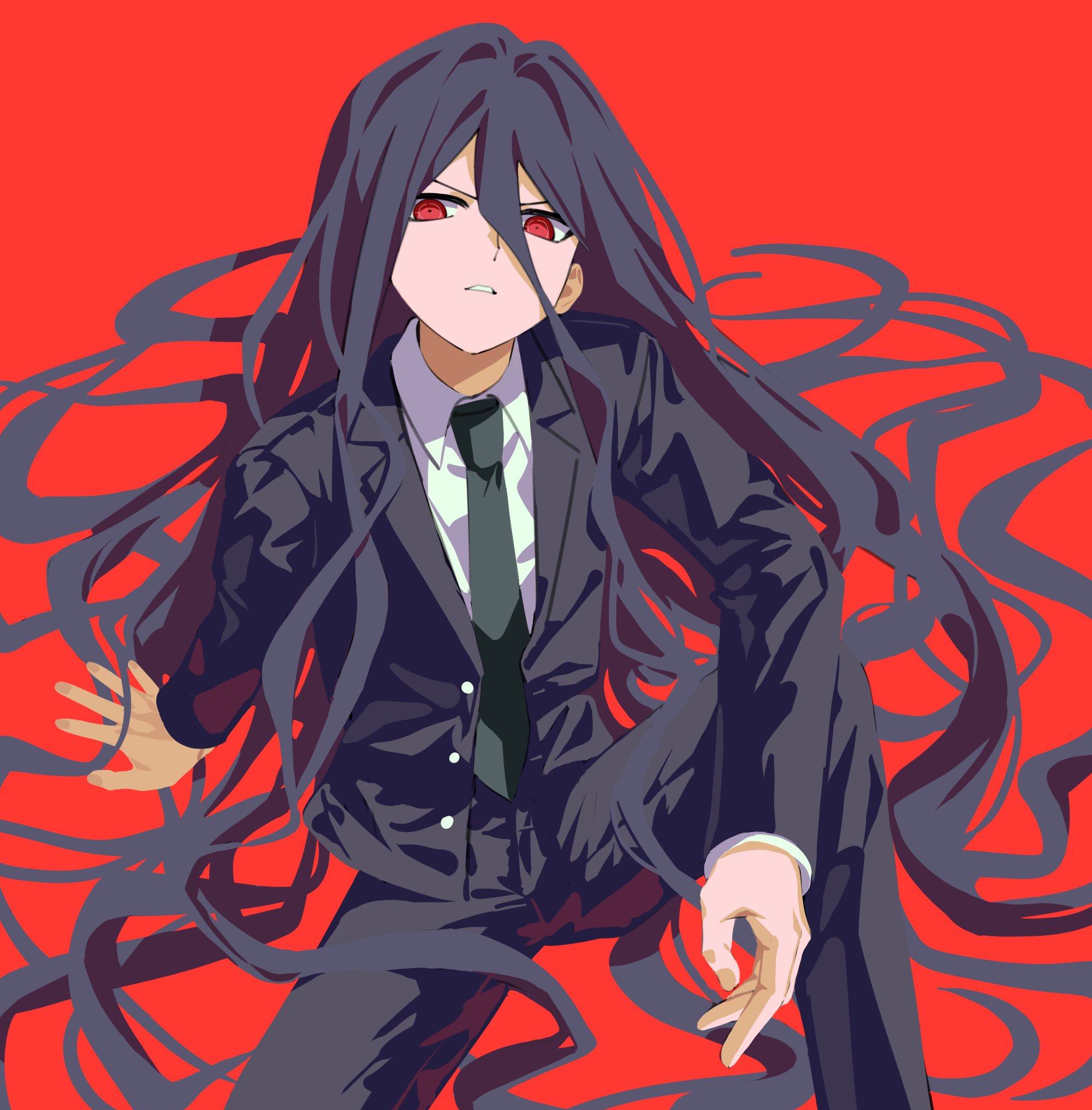 onbi i, kamukura izuru, danganronpa (series), danganronpa 2: goodbye despair, highres, 1boy, black jacket, black pants, collared shirt, from above, green necktie, hair between eyes, jacket, long hair, male focus, necktie, open clothes, open jacket, pants, parted lips, red background, red eyes, shirt, simple background, solo, teeth, very long hair, white shirt