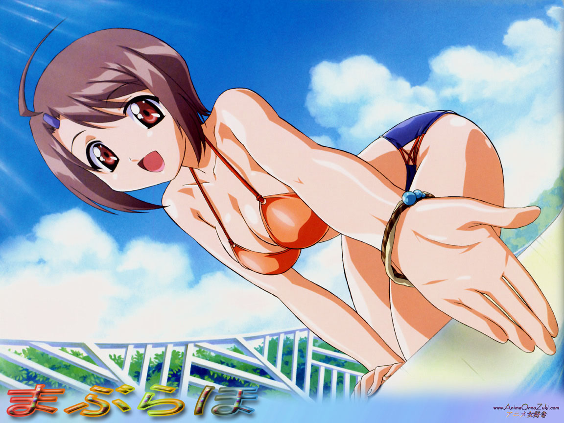 yamase chihaya, maburaho, screencap, non-web source, 00s, 1girl, ahoge, bikini, bracelet, breasts, brown hair, cleavage, day, dutch angle, female focus, jewelry, medium breasts, red eyes, short hair, solo, splashing, swimsuit