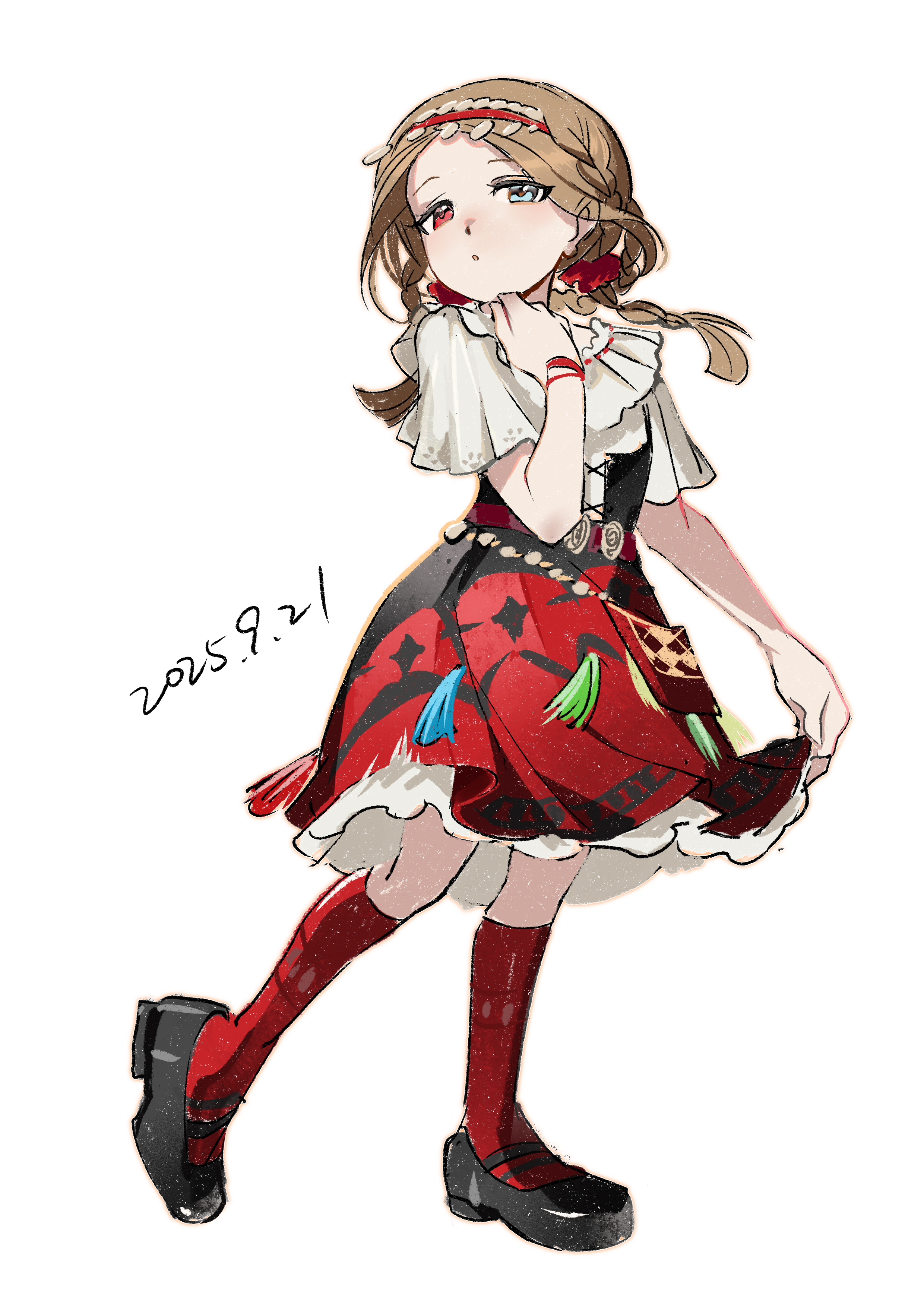 reverse:1999, absurdres, highres, 1girl, aima (reverse:1999), black shoes, blue eyes, brown hair, dated, full body, hairband, hand up, heel up, heterochromia, legs apart, looking at viewer, low twintails, mary janes, moroumo, red eyes, red hairband, red skirt, red socks, shirt, shoes, short sleeves, skirt, skirt hold, socks, solo, standing, turning head, twintails, white background, white shirt