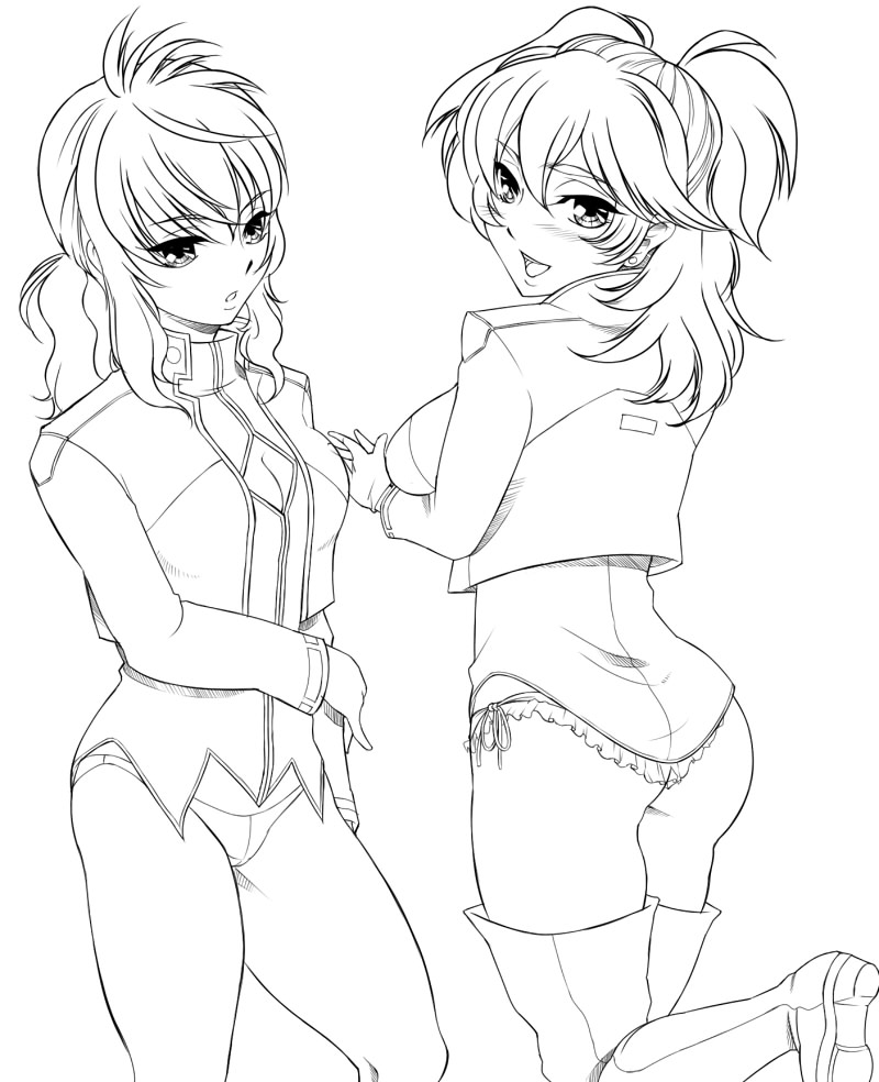 lobster (pixiv172000), feldt grace, nena trinity, gundam, gundam 00, bad id, bad pixiv id, 00s, 2girls, ass, blush, boots, greyscale, jacket, monochrome, multiple girls, panties, ponytail, robusutaa, side-tie panties, smile, thigh boots, thighhighs, thong, underwear