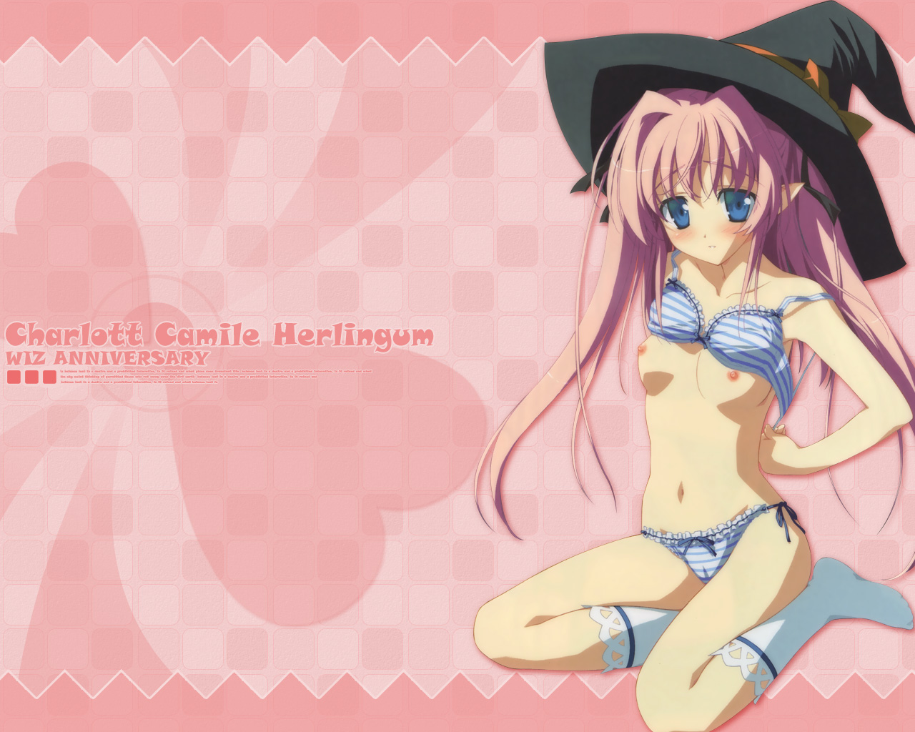shida kazuhiro, charlott camile herlingum, wiz anniversary, non-web source, 1girl, blue eyes, blush, bra, bra lift, bra pull, breasts, cameltoe, clothes pull, dressing, female focus, hat, kneehighs, lingerie, long hair, nipples, panties, pink hair, pointy ears, socks, solo, stomach, twintails, underwear, underwear only, witch, witch hat