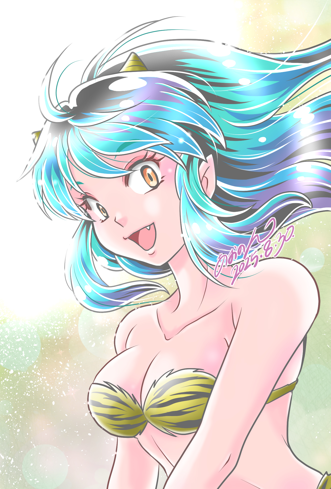 aononmi, lum, urusei yatsura, highres, 1girl, 2025, :d, animal print, bare arms, blue hair, bra, collarbone, dated, fang, floating hair, horns, long hair, multicolored hair, open mouth, orange eyes, pointy ears, signature, smile, solo, strapless, strapless bra, striped bra, striped clothes, tiger print, tiger stripes, underwear, upper body, yellow bra