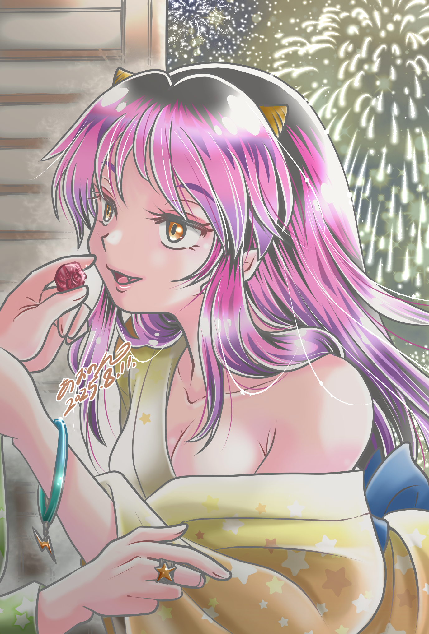 aononmi, lum, urusei yatsura, highres, 1girl, :d, bracelet, breasts, cleavage, collarbone, fang, fireworks, hair over shoulder, holding, horns, japanese clothes, jewelry, kimono, long hair, long sleeves, medium breasts, multicolored hair, open mouth, orange eyes, orange kimono, pink hair, print kimono, smile, solo focus, straight hair