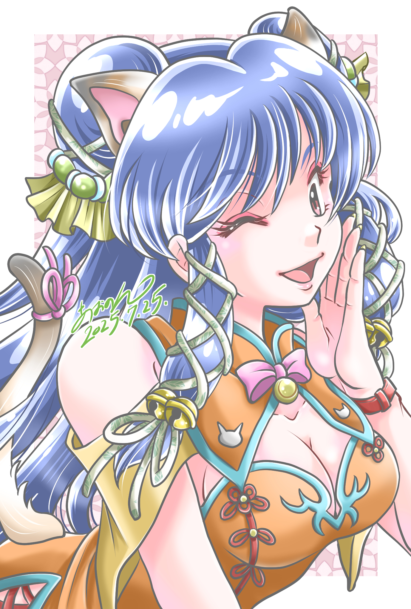 aononmi, shampoo (ranma 1/2), ranma 1/2, highres, 1girl, 2025, ;), animal ears, bell, blue hair, bow, bowtie, breasts, cat ears, cat girl, cat tail, cleavage, collarbone, dated, hair bell, hair bun, hair ornament, kemonomimi mode, long hair, medium breasts, one eye closed, pink bow, pink bowtie, pink ribbon, red eyes, ribbon, sideboob, signature, smile, solo, tail, tail ornament, tail ribbon, very long hair
