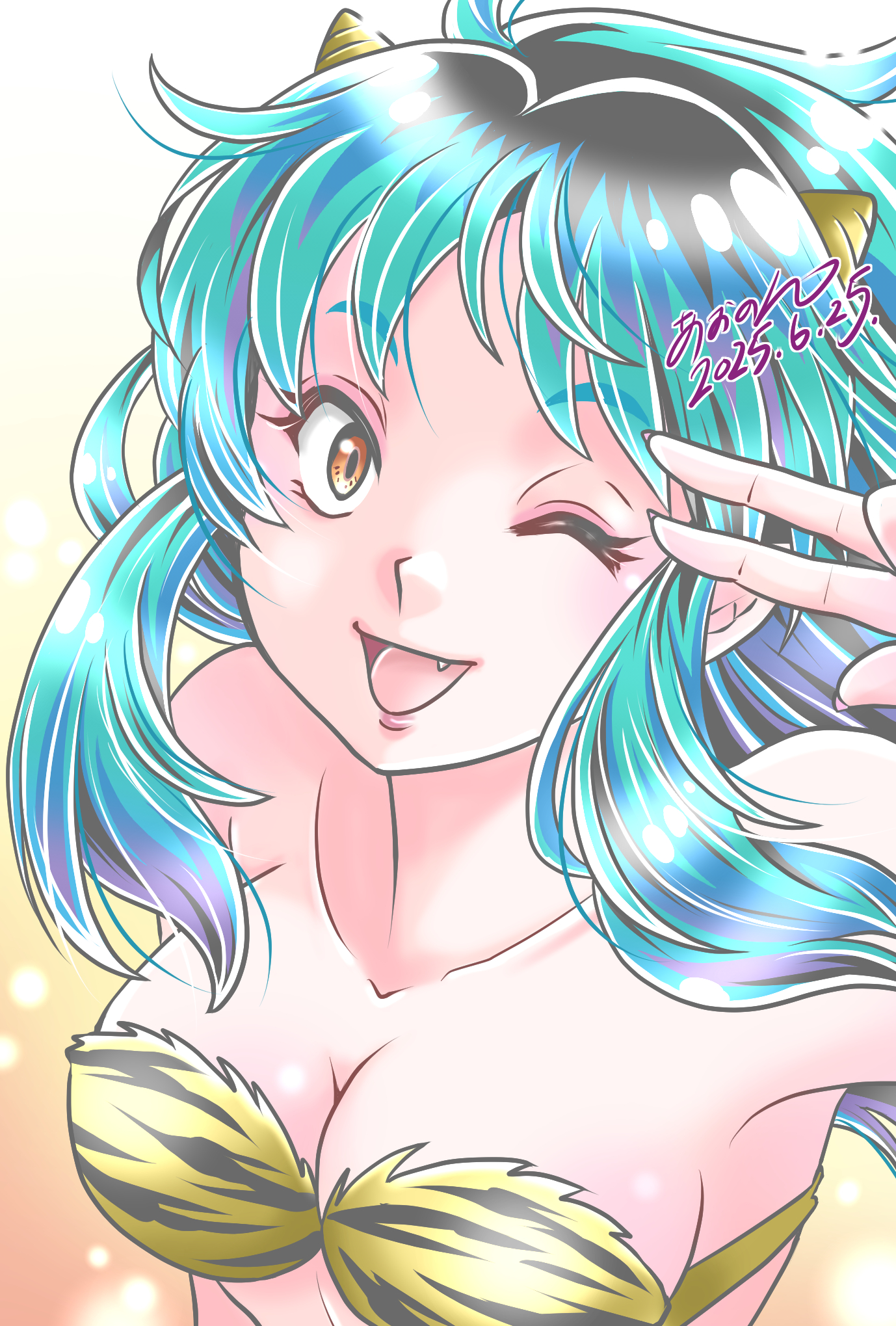 aononmi, lum, urusei yatsura, highres, 1girl, 2025, ;d, blue hair, bra, breasts, cleavage, collarbone, dated, fang, floating hair, horns, long hair, medium breasts, one eye closed, open mouth, orange eyes, signature, smile, solo, strapless, strapless bra, striped bra, striped clothes, tiger stripes, underwear, upper body, v, v over eye, white background, yellow bra