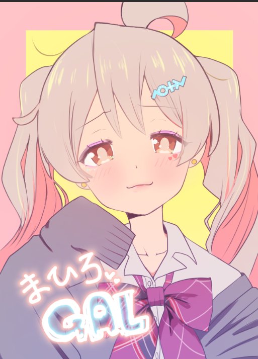 tama go, oyama mahiro, onii-chan wa oshimai!, commentary, 1girl, :3, ahoge, alternate costume, alternate hairstyle, blush, bow, bowtie, character name, earrings, facial mark, grey hair, gyaru, hair ornament, hairclip, heart, heart facial mark, jewelry, kogal, long sleeves, looking at viewer, loose bowtie, mark under eye, multicolored hair, pink hair, sleeves past fingers, sleeves past wrists, smile, solo, stud earrings, twintails, two-tone hair, upper body, white background, wing collar