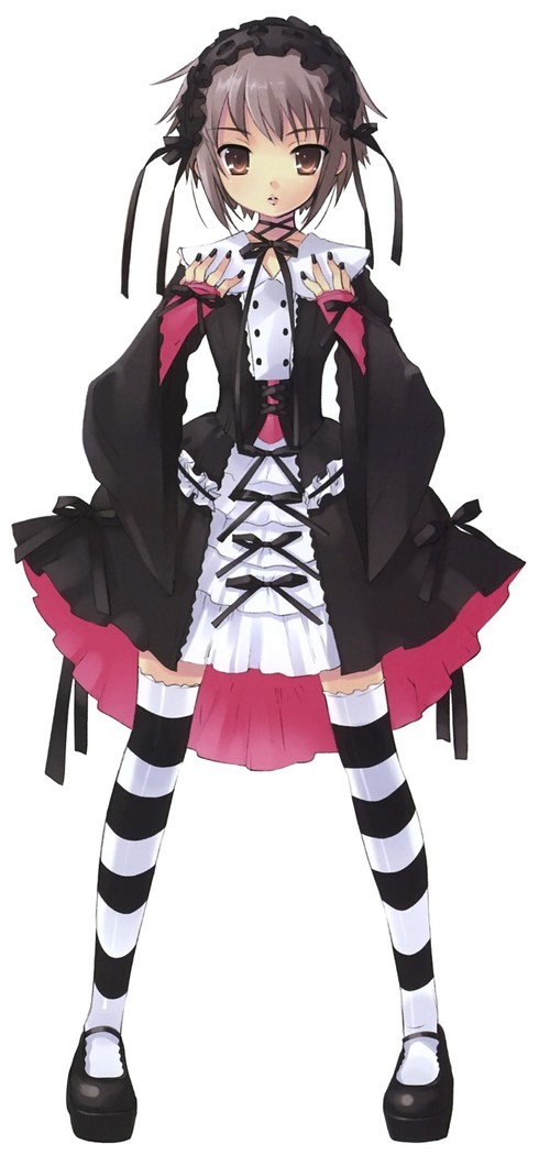 nagato yuki, suzumiya haruhi no yuuutsu, silver hair, non-web source, 00s, 1girl, black nails, brown eyes, female focus, gothic lolita, lolita fashion, nail polish, short hair, solo, thighhighs