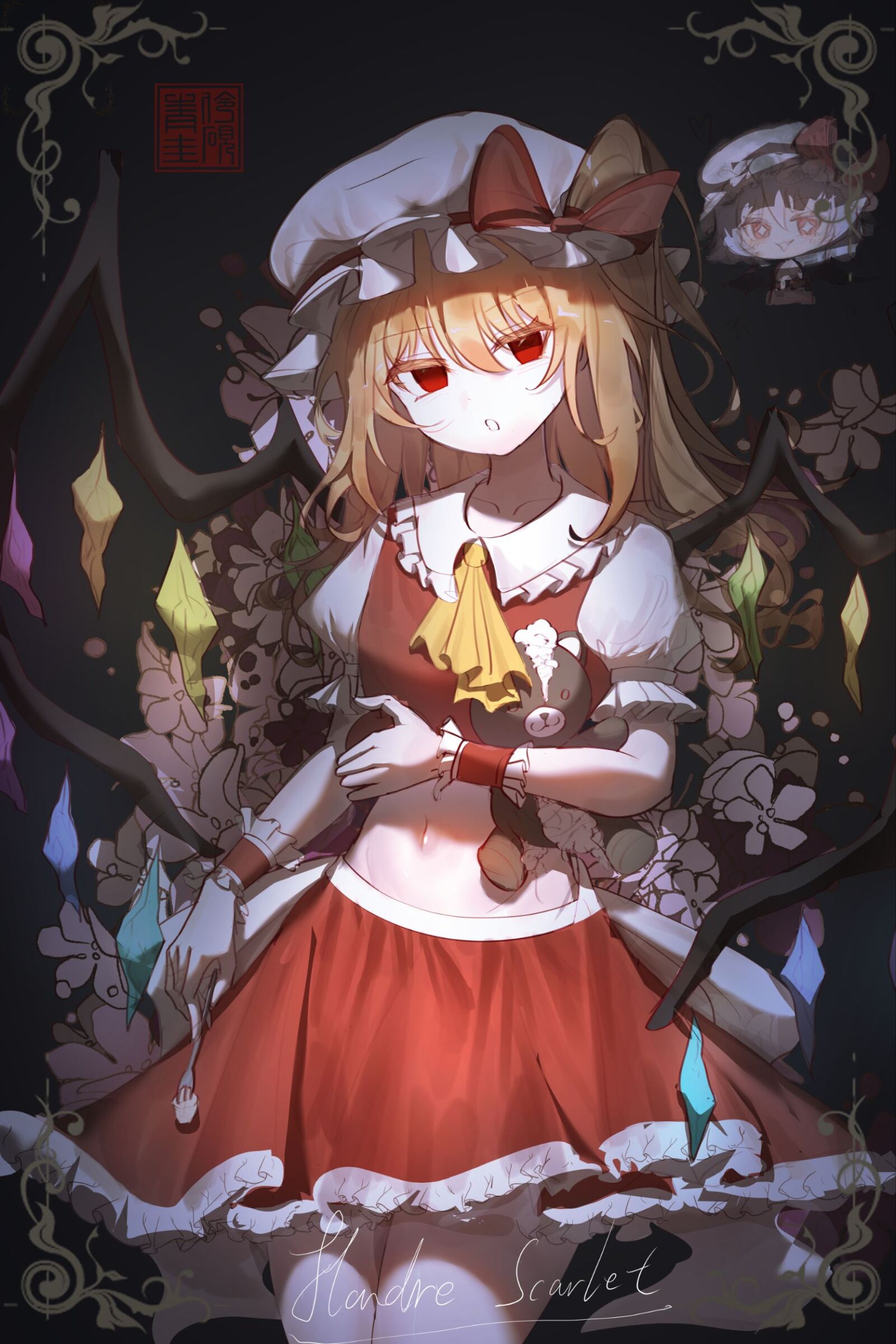flandre scarlet, touhou, absurdres, highres, 1girl, ascot, black background, blonde hair, bow, character name, chibi, chibi inset, collarbone, cropped shirt, cropped vest, crystal wings, cursive, expressionless, frilled cuffs, frilled hat, frilled shirt collar, frilled sleeves, frills, hair between eyes, hat, hat bow, hat ribbon, holding, holding stuffed toy, long hair, mob cap, parted lips, puffy short sleeves, puffy sleeves, red bow, red eyes, red ribbon, red skirt, red vest, renke (user mphs8248), ribbon, seal impression, shirt, short sleeves, simple background, skirt, solo, stuffed animal, stuffed toy, teddy bear, vest, white hat, white shirt, wings, wrist cuffs, yellow ascot