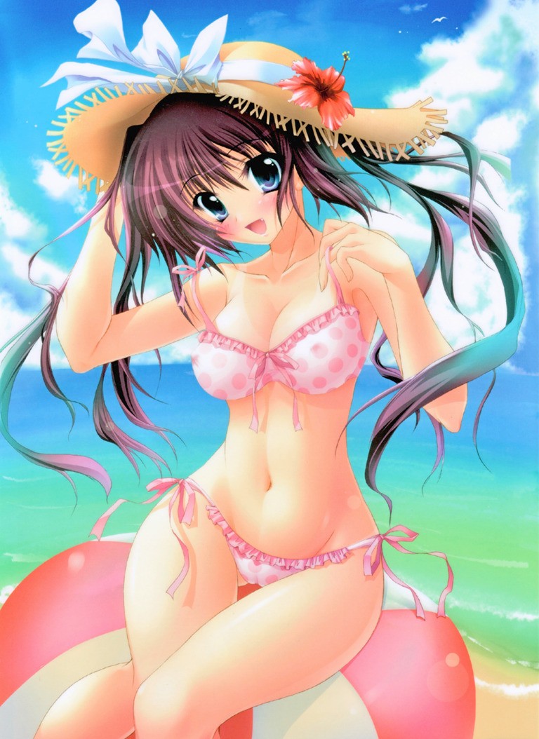 izumi tsubasu, jpeg artifacts, non-web source, 1girl, ball, beach, beachball, bikini, bikini tan, blue eyes, breasts, brown hair, cameltoe, covered erect nipples, day, fang, female focus, flower, hat, hibiscus, long hair, medium breasts, outdoors, pink bikini, polka dot, polka dot bikini, polka dot swimsuit, side-tie bikini bottom, solo, swimsuit, tan, tanline, thigh gap, twintails