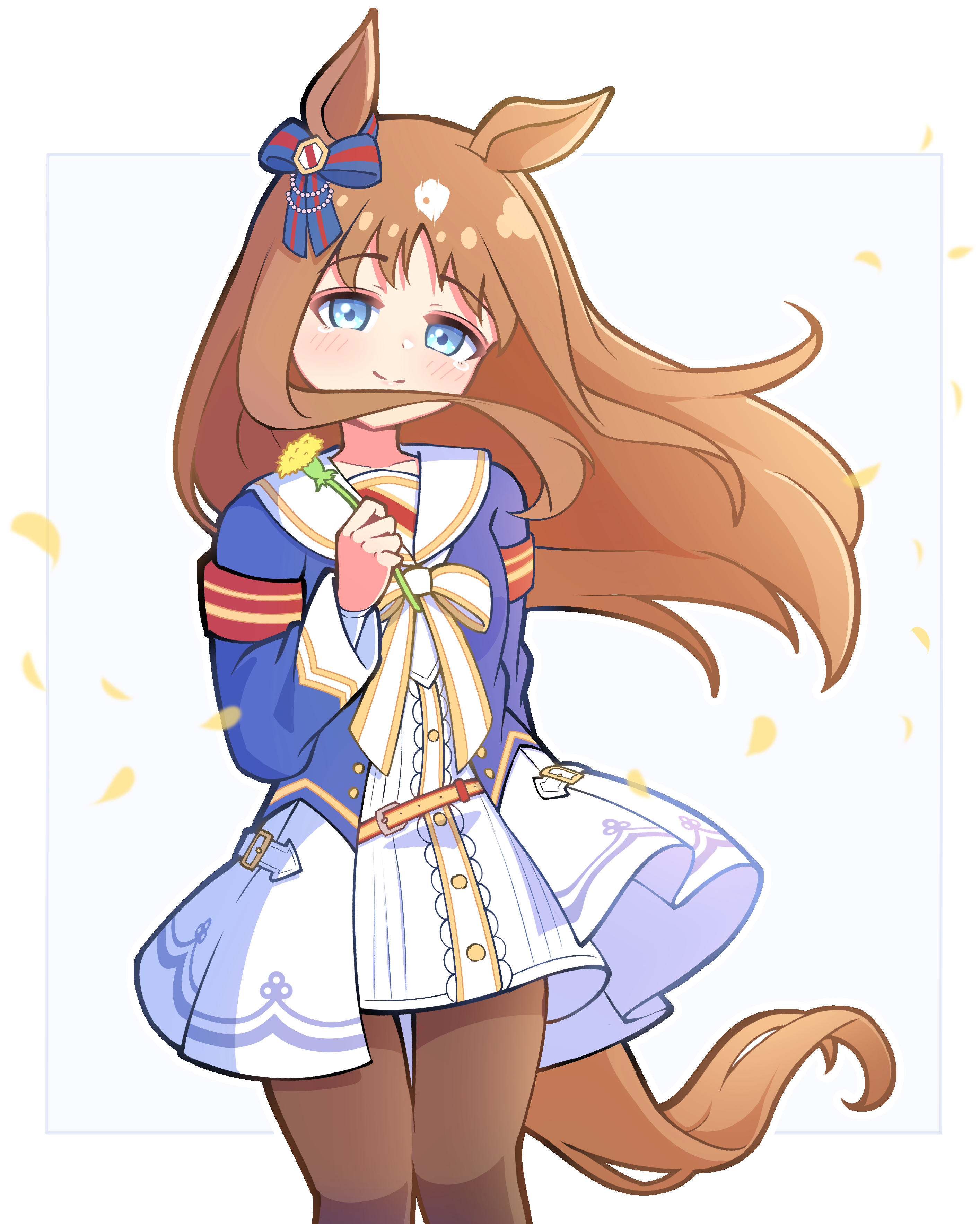 shutowl, grass wonder (stone-piercing blue) (umamusume), grass wonder (umamusume), umamusume, absurdres, commentary, english commentary, highres, 1girl, animal ears, armband, blue background, blue eyes, blue jacket, blush, border, bow, bowtie, brown hair, brown thighhighs, buttons, closed mouth, cowboy shot, dress, ear bow, ear ornament, flower, holding, holding flower, horse ears, horse girl, horse tail, jacket, long hair, long sleeves, looking at viewer, pantyhose, red armband, sailor collar, smile, solo, standing, tail, thighhighs, white background, white border, white bow, white bowtie, white dress, white sailor collar, yellow flower, yellow petals