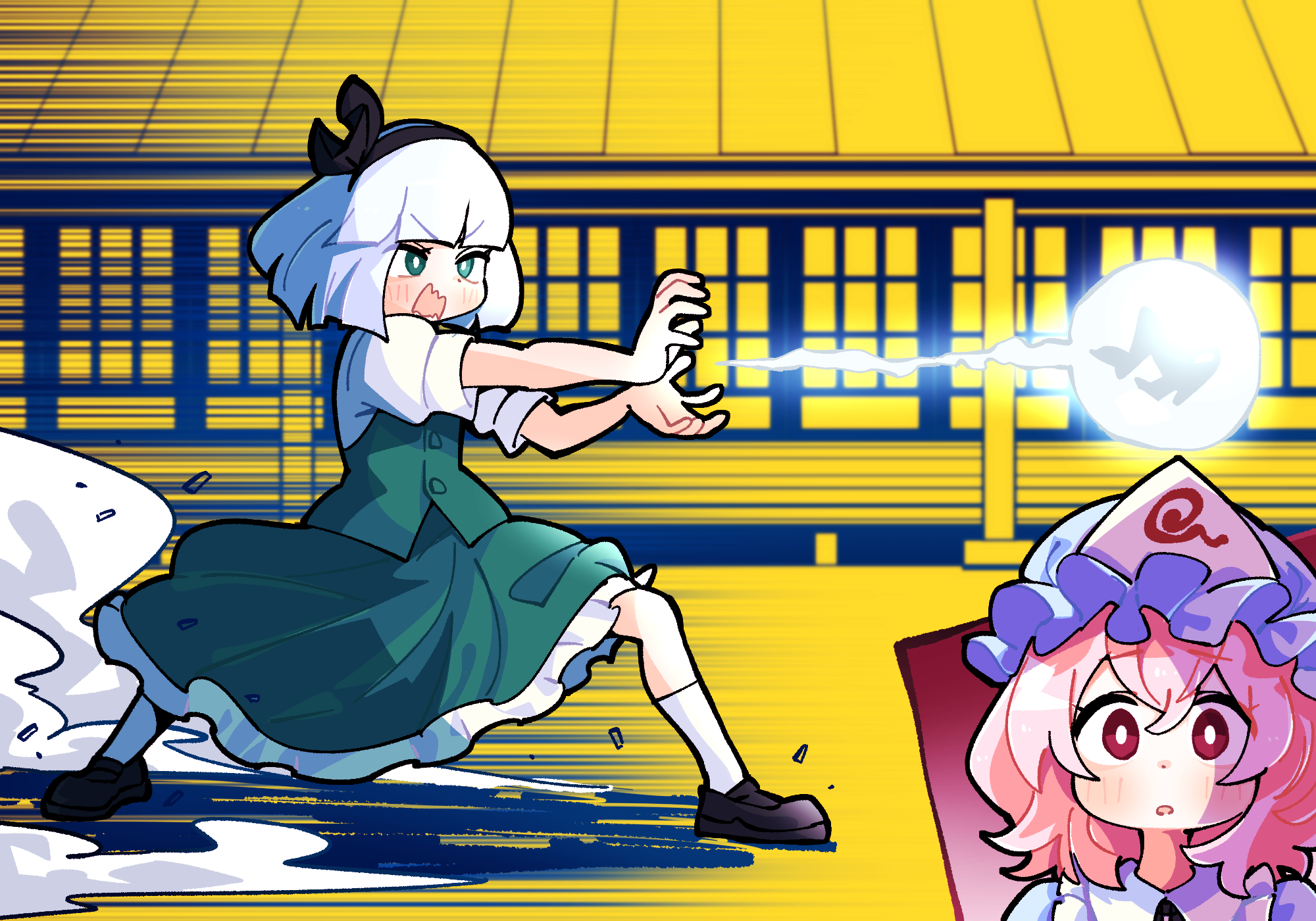 gram 9, konpaku youmu, konpaku youmu (ghost), saigyouji yuyuko, dragon ball, touhou, commentary, highres, 2girls, black hairband, blue hat, blush, bright pupils, brown shoes, building, frilled skirt, frills, green skirt, green vest, grey hair, hairband, hat, hitodama, kamehameha (dragon ball), mob cap, multiple girls, open mouth, parody, pink hair, puffy short sleeves, puffy sleeves, red eyes, shirt, shoes, short sleeves, skirt, skirt set, socks, triangular headpiece, vest, white pupils, white shirt, white socks